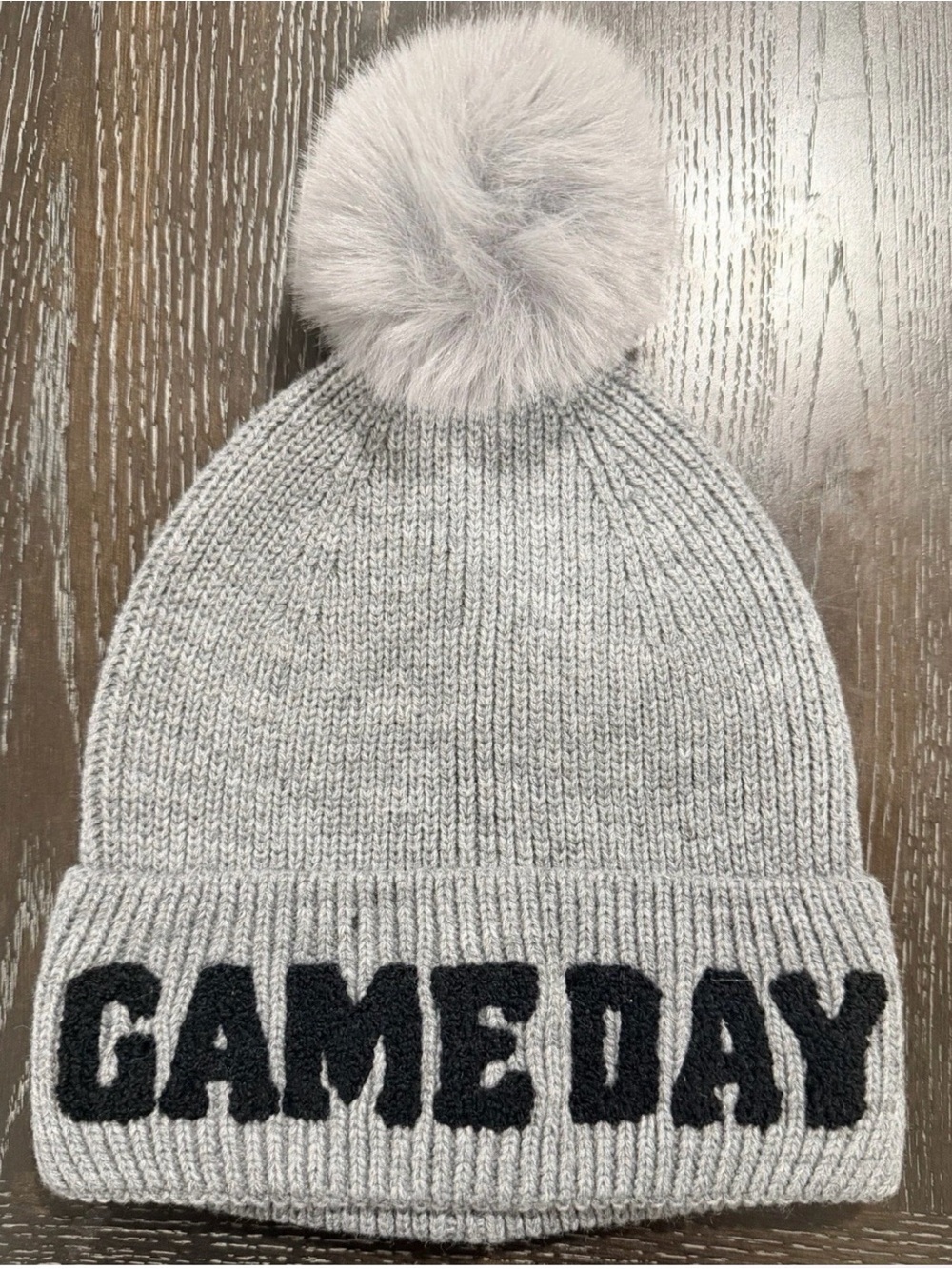Serra Light Gray Knit Pom Beanie with Black 'GAME DAY' Lettering
